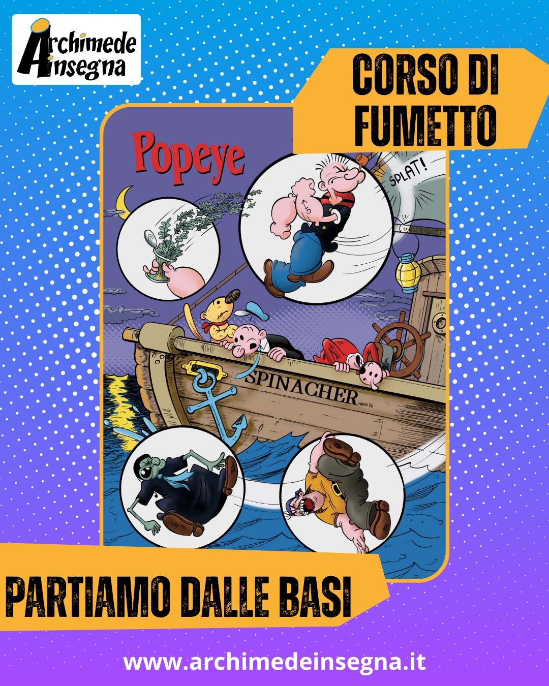 Slide 1: Corso di fumetto base online, post Instagram per Archimede Insegna