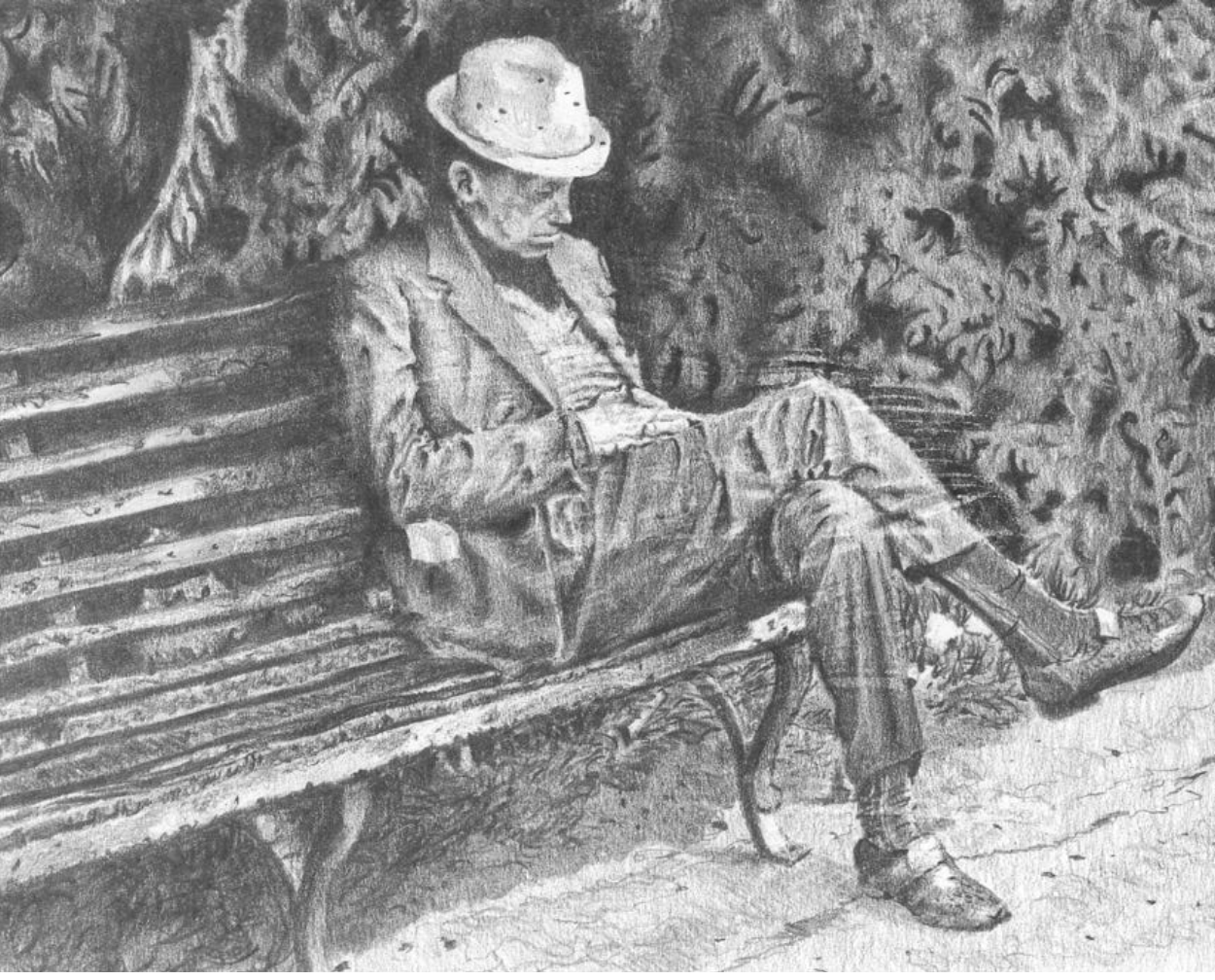 Anziano al parco, carboncino