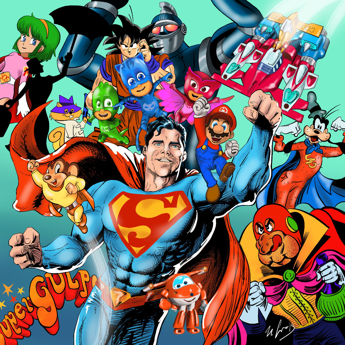 Super, illustrazione crossover di personaggi